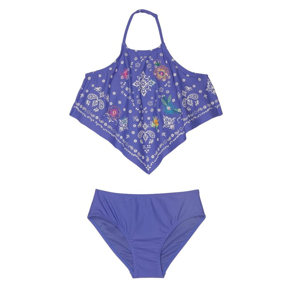 PEEK Girl's Halter Flower Two-Piece Swimwear (Toddler/Little Kids/Big Kids) Blue